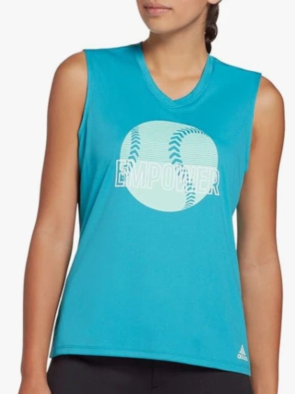 Adidas Softball Graphic Tee Womens Medium Blue Empower Sleeveless V-Neck Shirt
